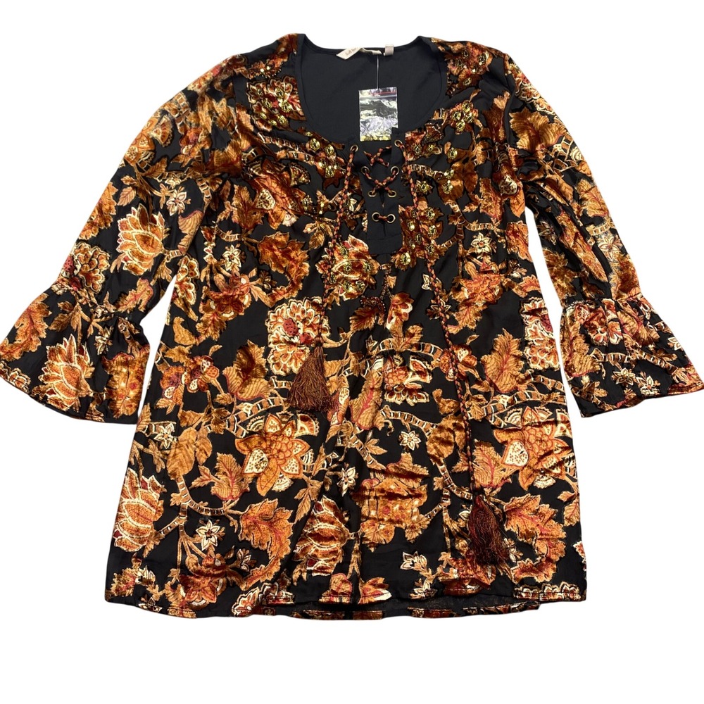Soft Surroundings Velvet Burnout Floral Sequin Tassel Tunic Top Sz S Boho Grunge
